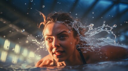 Close-up of a beautiful woman swimming in the pool, actively relaxing on weekends and doing her favorite hobby. - obrazy, fototapety, plakaty