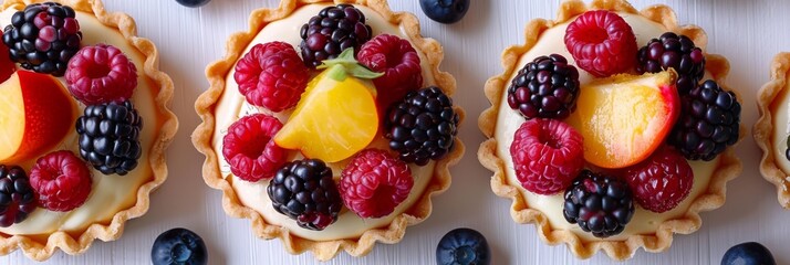 Vibrant Berry Tart Closeup - Exquisite fruit tart closeup with fresh berries and creamy custard - obrazy, fototapety, plakaty