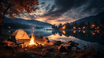 Friends camping in a local national park, tents set up near a lake, campfire and starry sky, a guitar and marshmallows, showcasing fun and relaxation in nature,