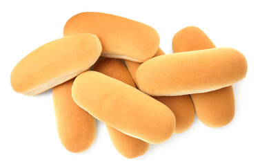 Many fresh hot dog buns isolated on white, top view