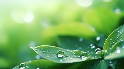 Fotobehang Raindrops on green leaves in nature close-up © jiejie