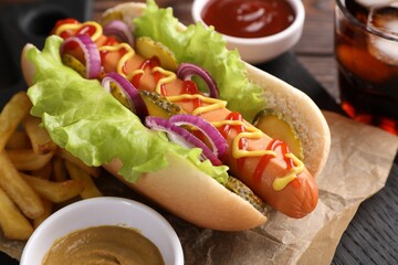 Delicious hot dog with lettuce, onion and pickle served on wooden table, closeup