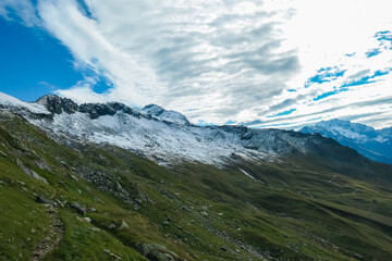 Panoramic sunrise view of snow capped alpine terrain in High Tauern National Park, Carinthia,...