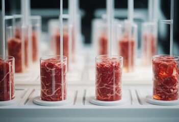 Meat sample plastic cell culture dish in modern laboratory or production facility. Clean cell-based meat concept. Muscle and connective tissue cultured in vitro from animal cells. - obrazy, fototapety, plakaty