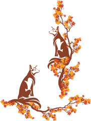 autumn season maple tree branch forming decorative vector border with cute wild fox sitting among leaves