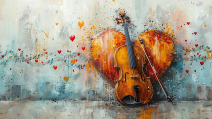 Romantic violin art captures musical love expression. A colorful painting featuring hearts and...
