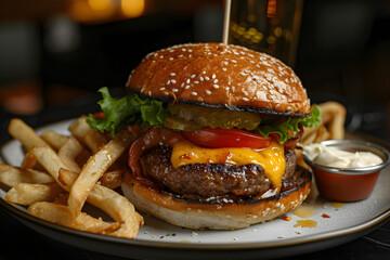 burger and fries in the kitchen, wooden table, copy space, ketchup. hamburger, diner, american lunch, fast food, junk food. cafe or restaurant menu ad.
