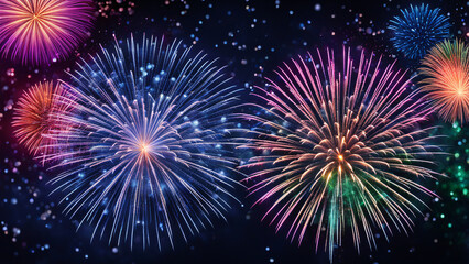 Naklejka premium Colorful fireworks of various colors over night sky background
