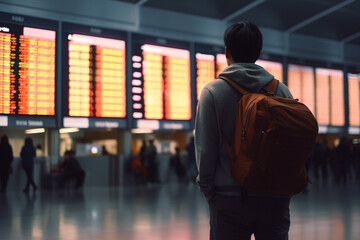 backview of asian tourist with backpack standing in the airport looking at flight schedule board.