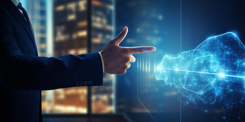 Business man touching digital data visualization on virtual screen, behind view. high technology concept.