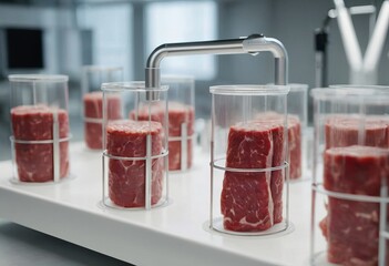 Clean cell-based meat. Muscle and connective tissue cultured from animal cells. Lab-grown meat. - obrazy, fototapety, plakaty