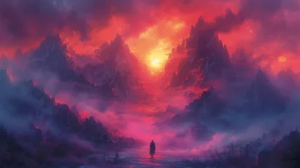 Foto op Canvas fantasy scene depicting silhouettes of mythical creatures on the horizon of misty mountains, with the rising sun creating a backdrop of vibrant colors and magic © ProVector
