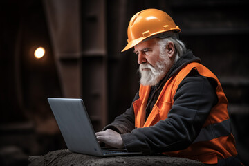 Senior construction worker or engineer with white beard working with laptop on construction site or factory room. serious face looking at the screen.