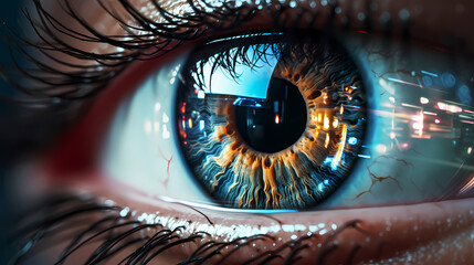 Close-up of human eye with futuristic digital overlay, technology concept