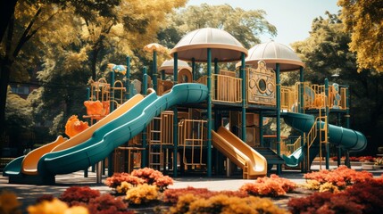 Children's playground in a park, swings and slides, empty of people, conveying the joy and family-friendly atmosphere of outdoor play areas, Photorealistic, pla
