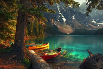 canoe on lake - obrazy, fototapety, plakaty