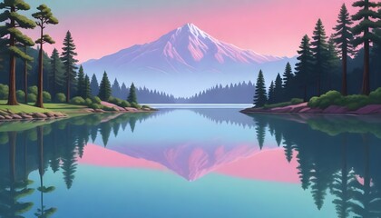 A tranquil lake with clear reflections of surrounding mountains and pine trees under a pink sky - obrazy, fototapety, plakaty