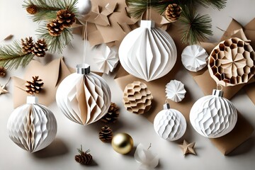 White DIY Paper Christmas Ornaments banner. How To Make Paper Honeycomb Ornaments. Eco-friendly Reusable Vintage Christmas Decorations ball in earthy tones