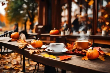 Fotobehang Autumn fall charming coffee shop or cafe with steaming cups of coffee and autumn decor, cozy autumn welcoming atmosphere. Warm Beverages, hot drinks Cups of steaming coffee on cafe table outdoor © MISHAL