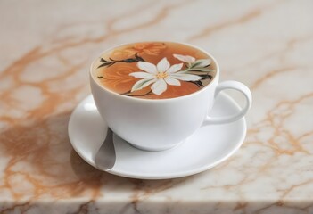 A white cup of tea with a floral pattern