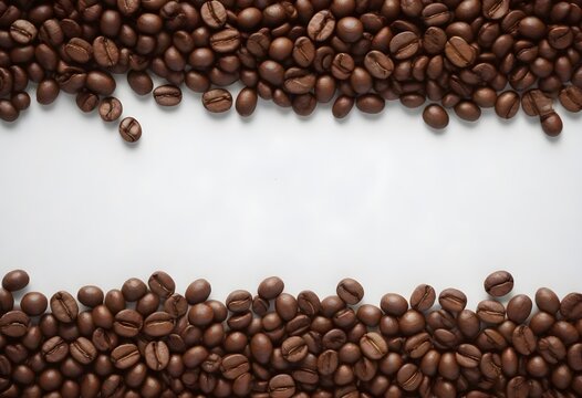 Roasted coffee beans scattered at the top and bottom of the picture, with a white area in the middle