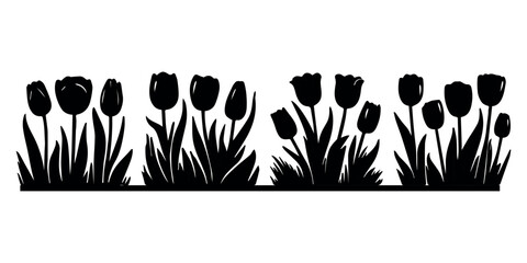 Tulips, black silhouette on a transparent background spring flowers vector set for stencil, engraving, printing