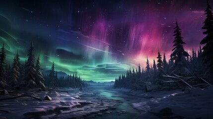Aurora Borealis illuminating the night sky over a snowy landscape, pine trees in silhouette, vibrant green and purple lights, showcasing the magic of polar ligh - obrazy, fototapety, plakaty