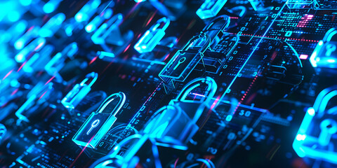 Futuristic Cybersecurity Concept with Glowing Locks on Circuit Board