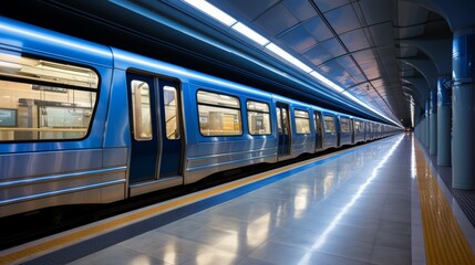 Obraz premium Empty subway station with a train passing through, modern architecture, conveying the speed and connectivity of city transport, Photorealistic, urban transporta