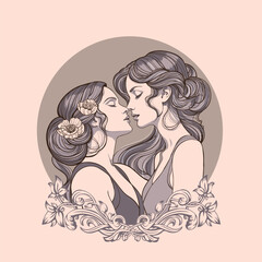 Sensual definitely in love same-sex couple of two girlfriends. Erotic sexual tension in anticipation of a kiss. Vector poster, postcard made in retro Art Nouveau style. Happy Valentine's Day - obrazy, fototapety, plakaty