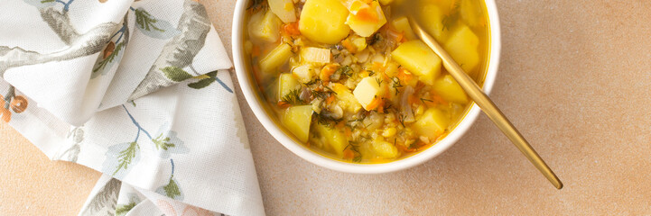 Pea soup with fried croutons, healthy bean soup, banner