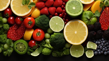 An abstract mosaic of fresh fruits and vegetables, finely chopped and arranged in a geometric pattern, bright and contrasting colors, sharp focus, on a seamless