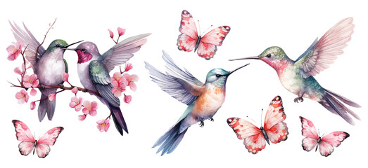 Watercolor hummingbirds and butterflies Valentines day romantic illustration © EvgeniiasArt