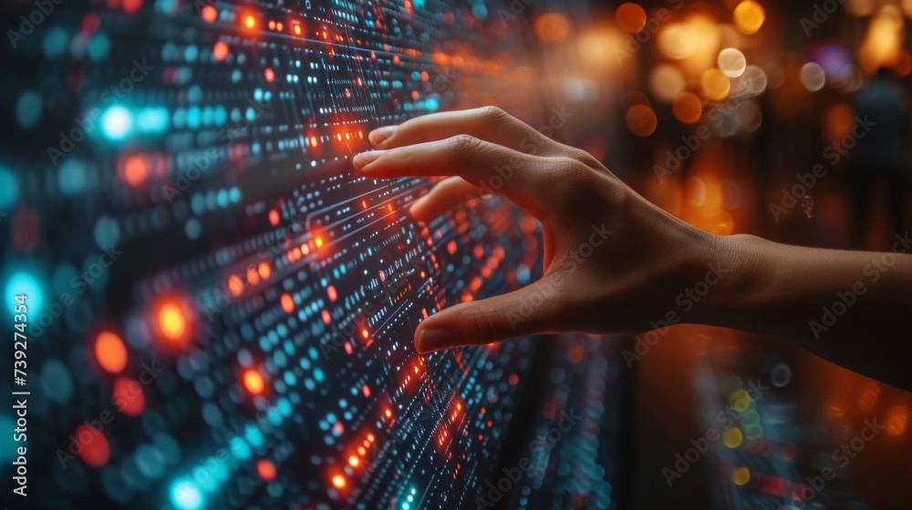 Poster Big data technology and data science with a person touching the data on a virtual screen. Business analytics, artificial intelligence, machine learning. Engineer or scientist analyzing the stream of