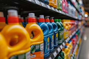 Colorful Laundry Detergent Bottles on Supermarket Shelves - obrazy, fototapety, plakaty