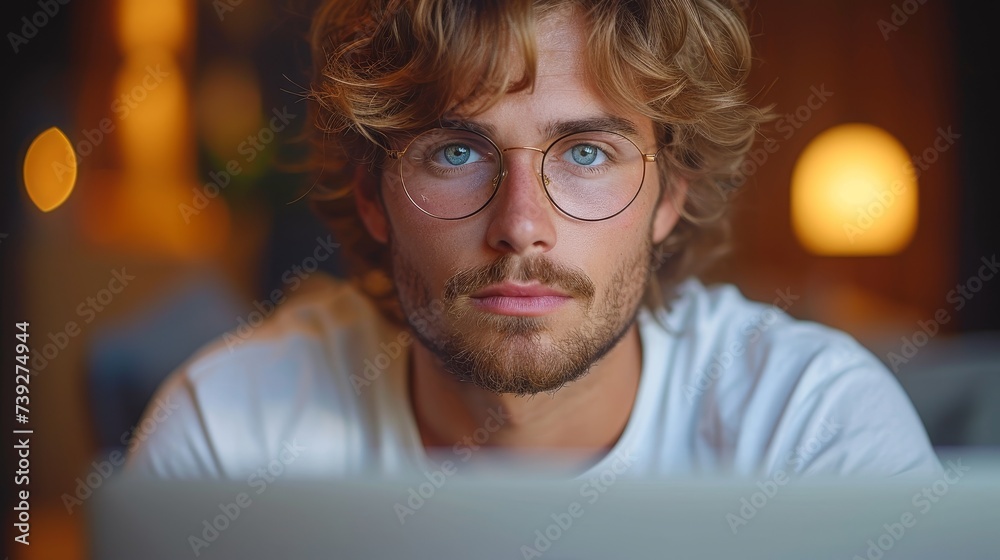 Poster young millennial guy using laptop computer for online communication or work on blue studio backgroun