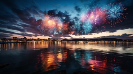 Dazzling fireworks display over a cityscape at night, vibrant colors lighting up the sky, reflections in the water below, celebratory and spectacular, Photograp