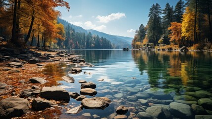 An autumnal forest lake, the water a canvas of reflected fall colors, leaves floating gently on the surface, the scene a harmonious celebration of seasonal chan