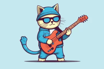 Fotobehang cute cat playing guitar flat design vector illustration © PixelDreamer