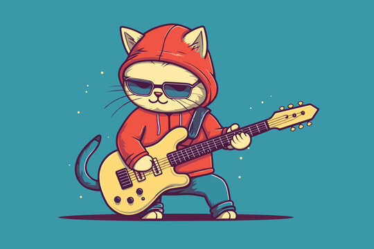 cute cat playing guitar flat design vector illustration