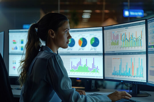 a female data analyst looking at a bunch of data visualisation and various type of graphs on three computer screens