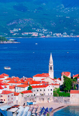 Budva, Montenegro. Ancient walls and tiled roof of old town - 739275798