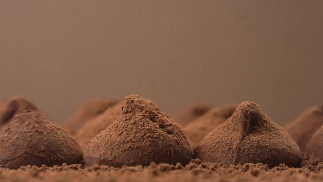 Cocoa powder falling on truffle candies. Slow motion of falling chocolate powder on praline bonbon
