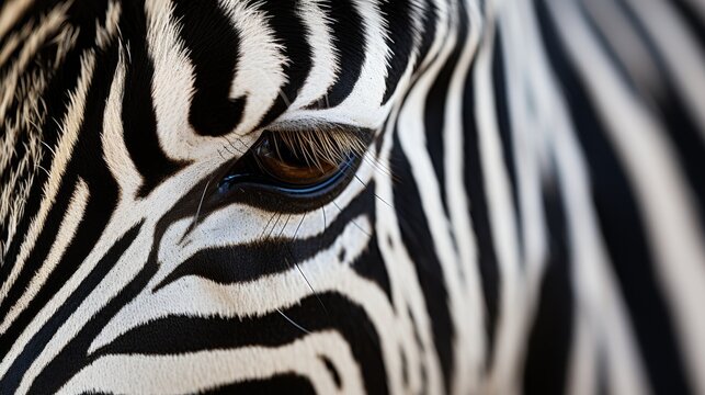 Close-up of a zebra's stripes, part of the herd visible in soft focus, intricate patterns and textures, emphasizing the beauty and detail of African wildlife, P