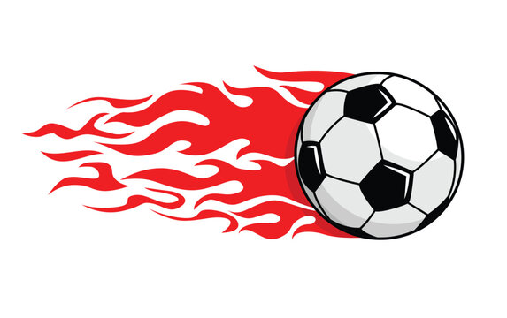Football ball flies and leaves trail of fire behind it. Vector soccer ball on transparent background