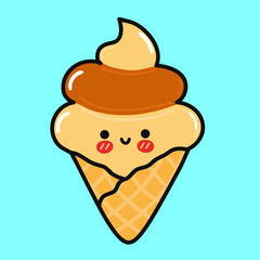 Cute funny Ice cream. Vector hand drawn cartoon kawaii character illustration icon. Isolated on blue background. Ice cream character concept