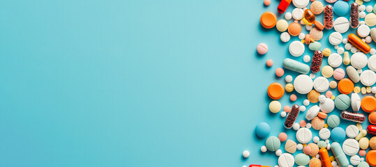 Assorted Pharmaceutical Pills and Capsules on a Blue Background with space for text. Copy space - obrazy, fototapety, plakaty