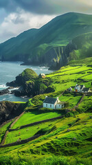 Lush green Irish landscape shrouded in mystical mist, evoking the magic of St. Patrick's Day.