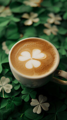 Fototapeta na wymiar A rich latte topped with a shamrock design, nestled on a misty background of clover leaves. Perfect for festive mornings and heartwarming messages. 