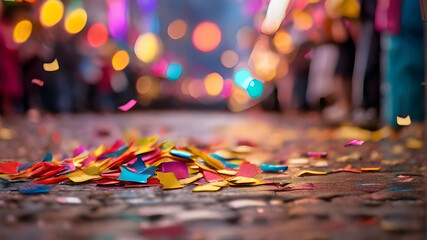 colorful confetti fallen on the street at carnival blurred background banner - obrazy, fototapety, plakaty
